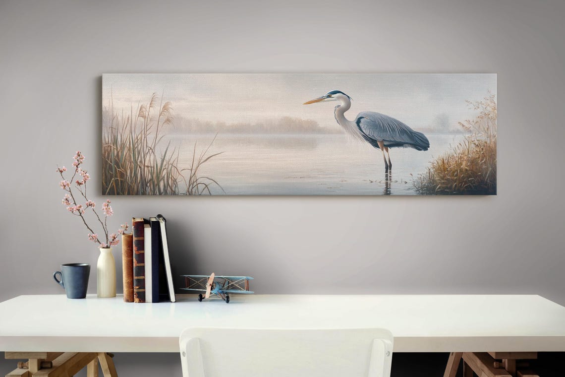 Great Blue Heron Misty Marsh Panoramic Lake Nature Wildlife Poster - Image 3