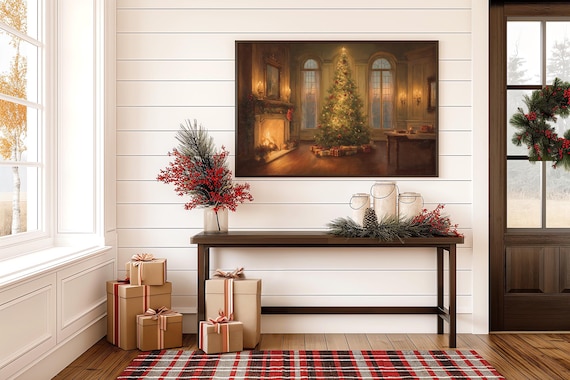 Christmas Tree By Fireplace, Vintage Holiday Poster
