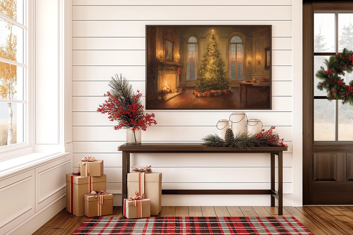 Christmas Tree By Fireplace, Vintage Holiday Poster