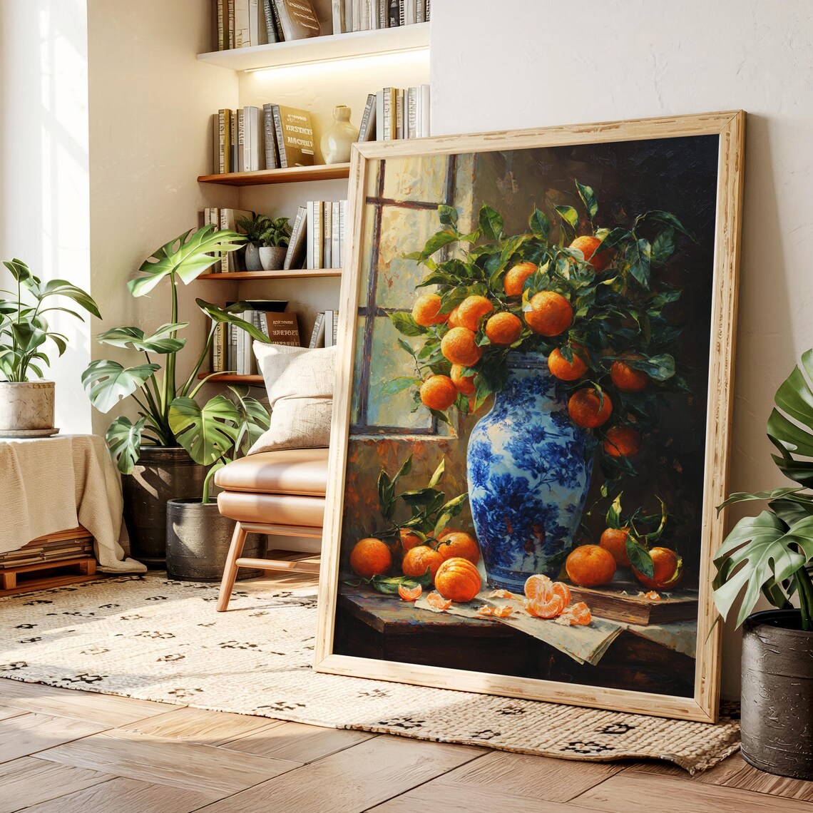 Oranges In Blue Porcelain Vase, Rustic Still Life Art Print