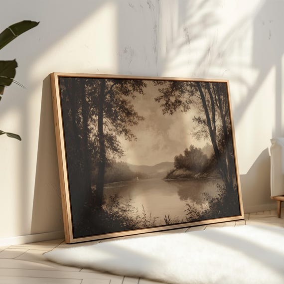 Sepia River Landscape Canvas Tranquil Vintage Lake Scene With Trees Serene Nature Wall Art For Rustic Classic Home Decor