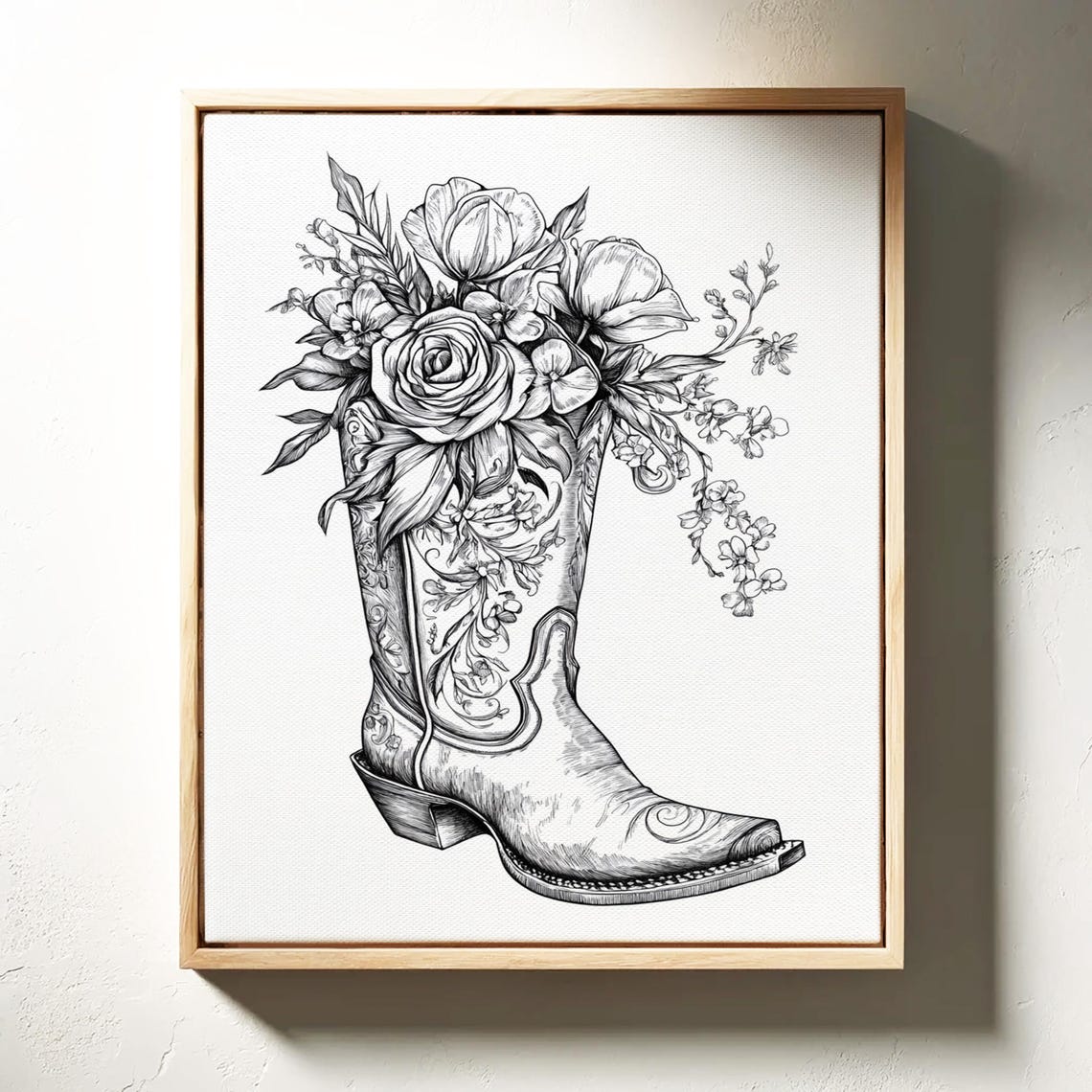 Western Cowboy Boot Overflowing With Roses Floral Line Drawing Poster - Image 4