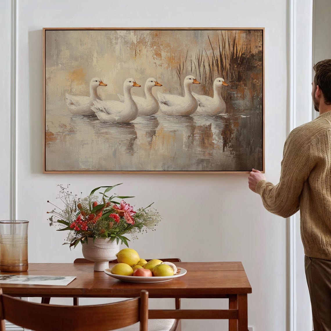 Five White Ducks Swimming On Pond Rustic Waterfowl Oil Painting Poster - Image 3