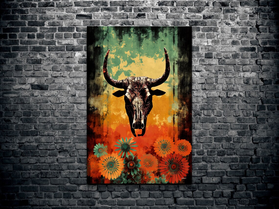 Longhorn Skull Floral Art Teal Orange Southwest Western Poster - Image 7