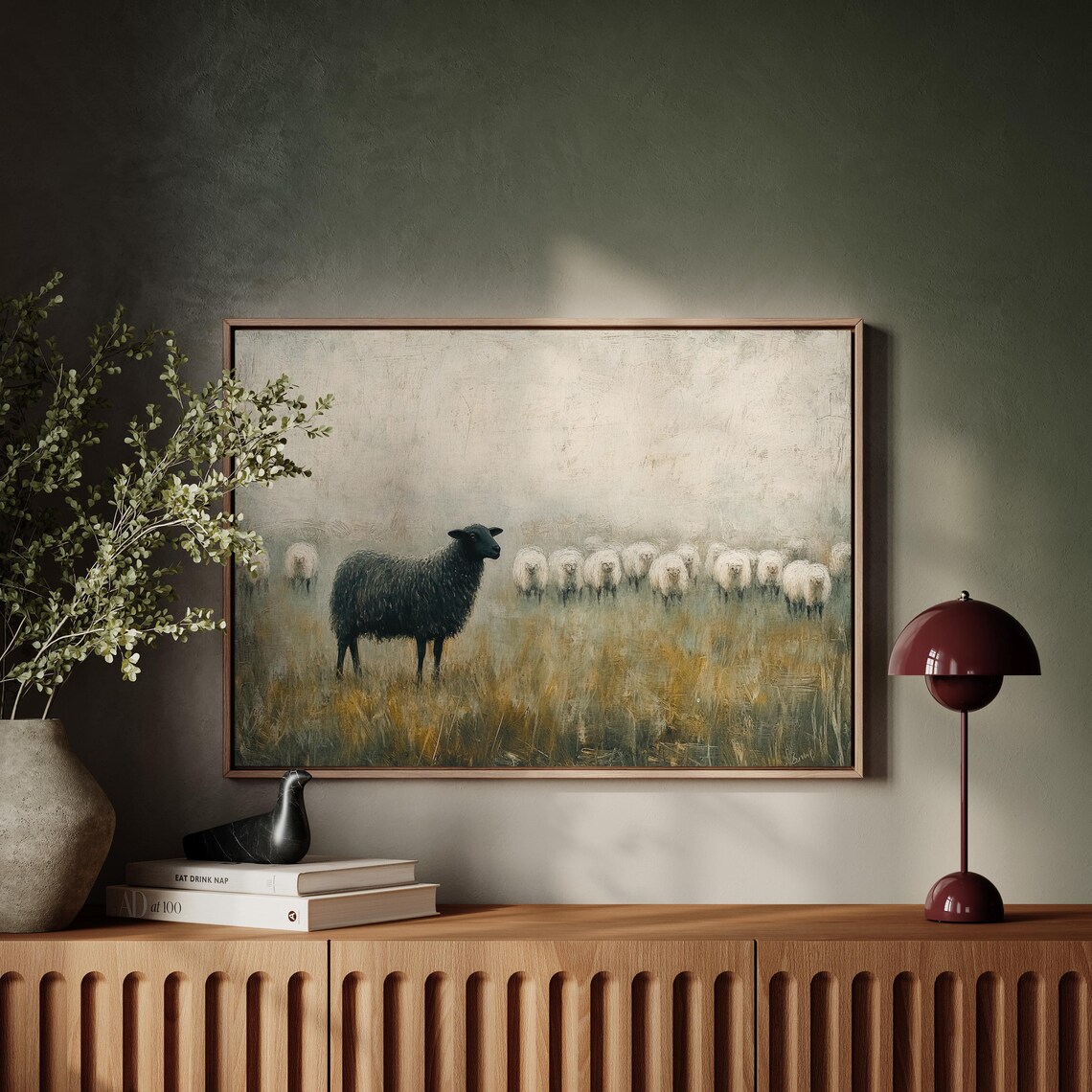 Black Sheep In Foggy Meadow Rustic Animal Art Print - Image 4