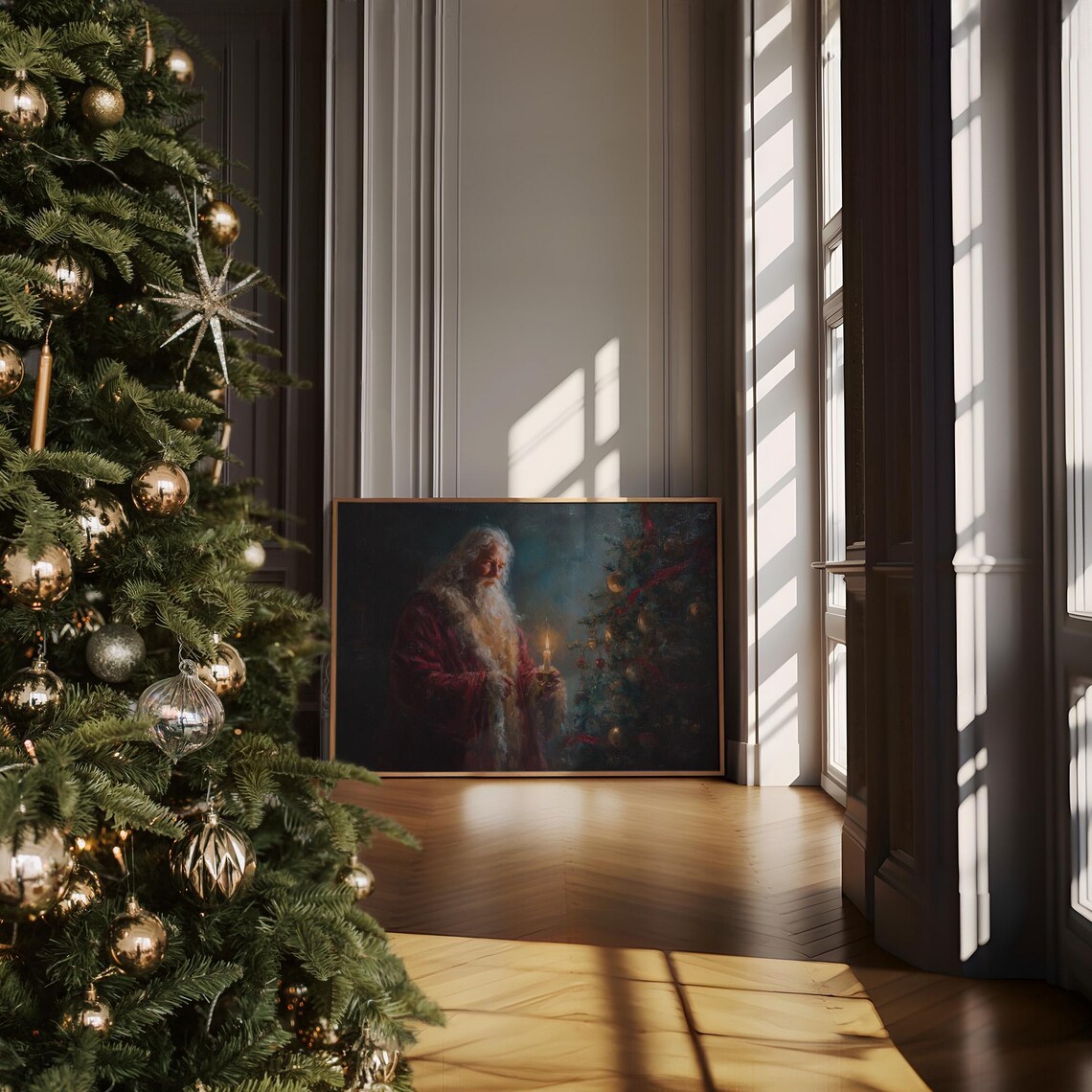Santa Claus Candlelight Christmas Tree Night Classic Painting Poster