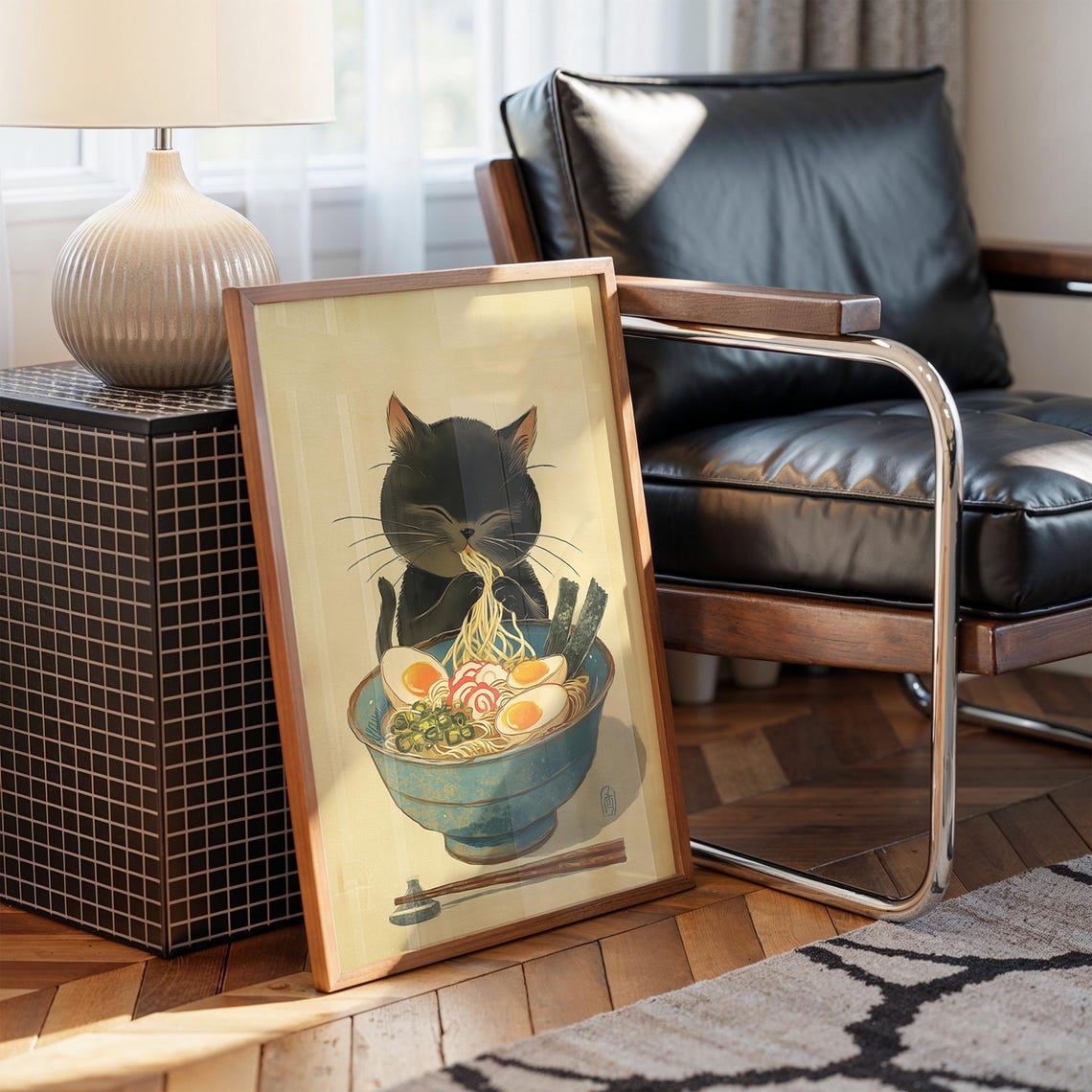 Black Cat Slurping Ramen Bowl Japanese Style Cute Kitchen Poster