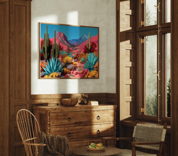Vibrant Red Rock Desert Cactus Garden Turquoise Agave Art Poster