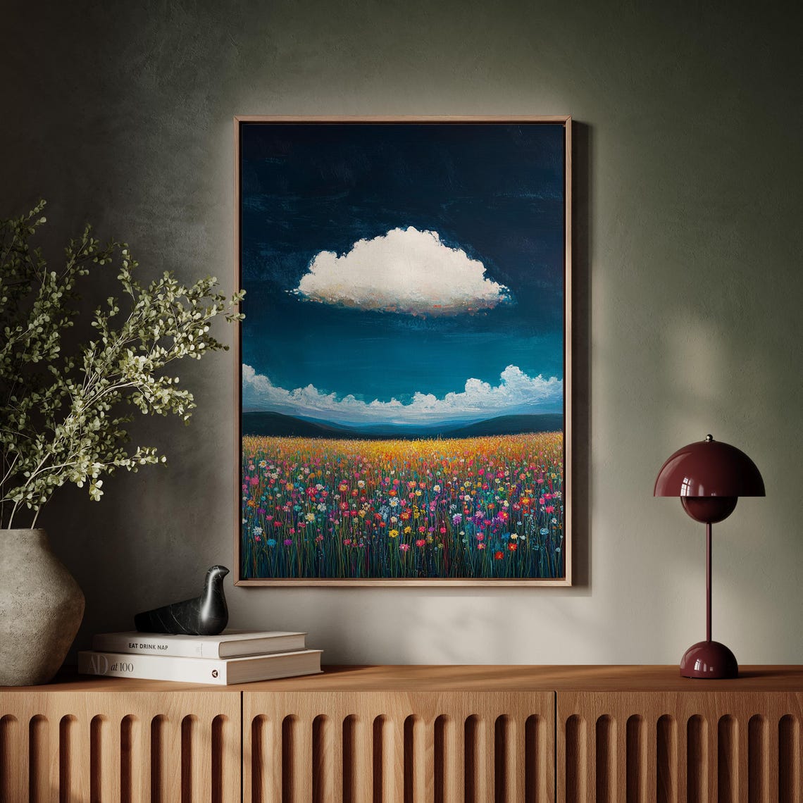White Cloud Over Colorful Wildflower Field Mountain Landscape Poster - Image 6
