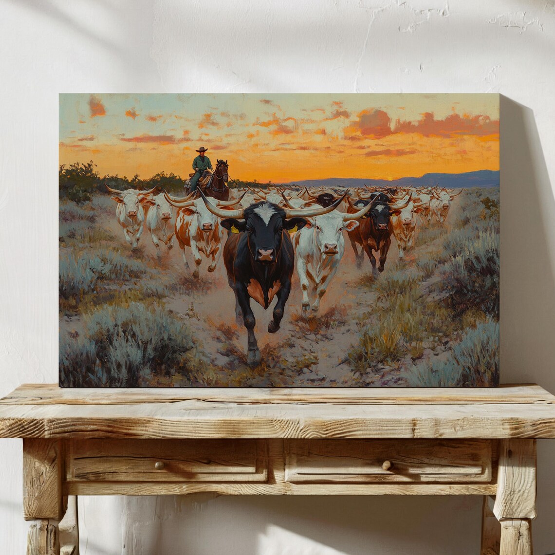 Cattle Drive at Sunset Longhorn Herd Cowboy Oil Painting Poster