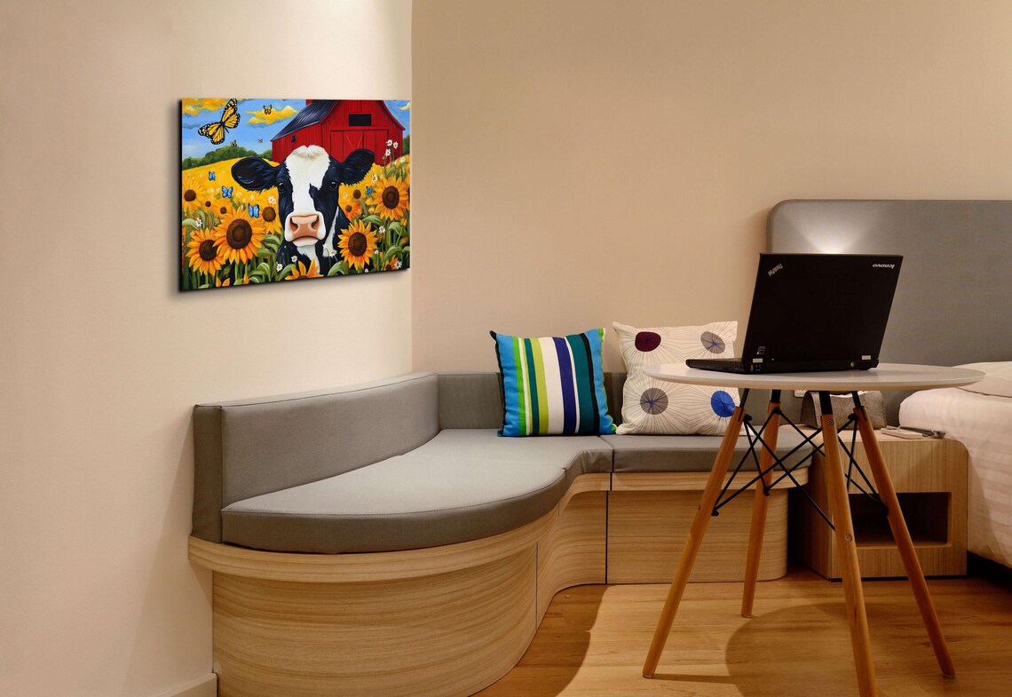 Happy Cow in Sunflower Field by Red Barn Monarch Butterfly Poster - Image 3