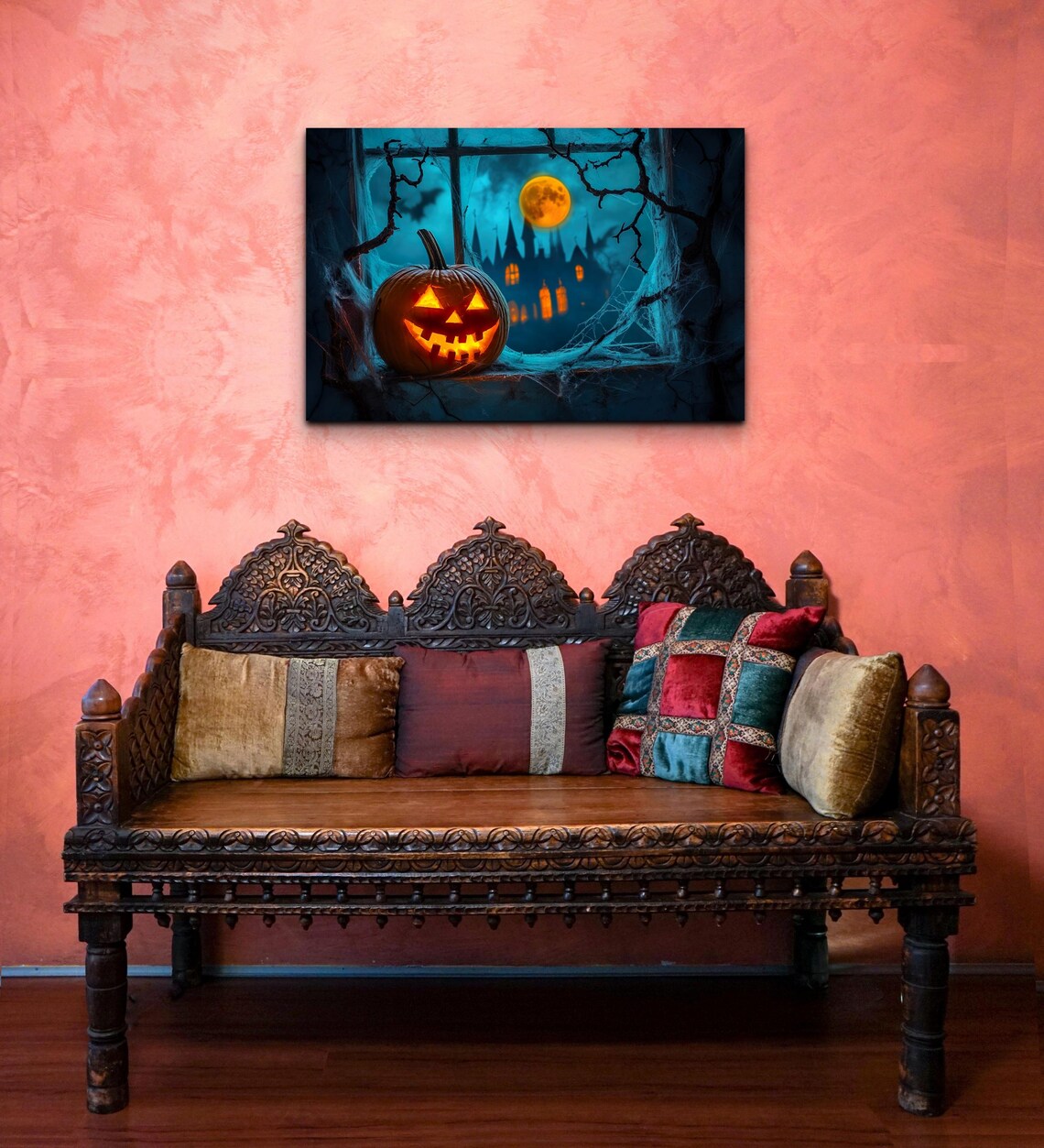 Jack O Lantern Glowing on Window Ledge Under a Teal Moonlit Night Poster - Image 3