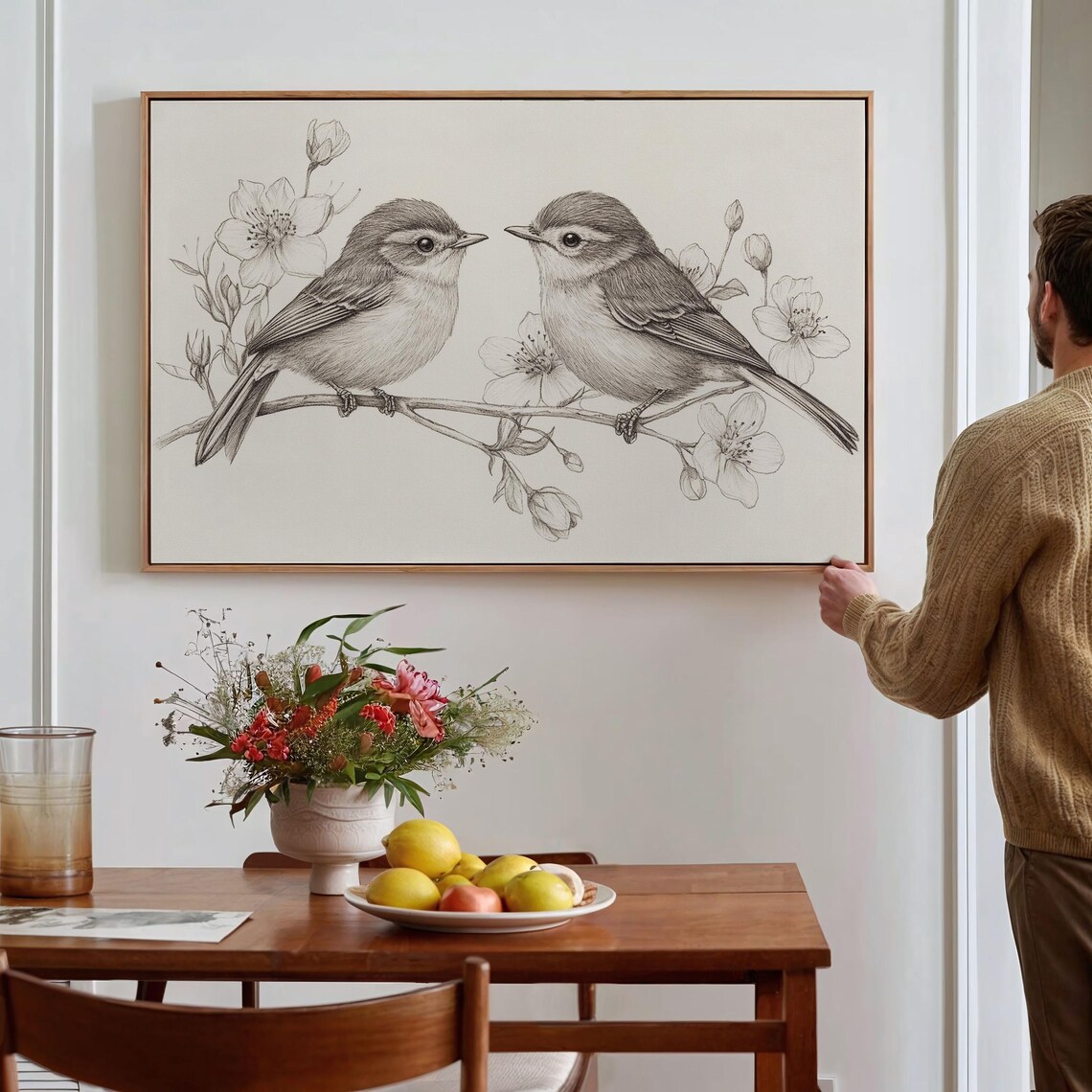 Bird Sketch Pair With Flowers, Line Drawing Art Print - Image 7