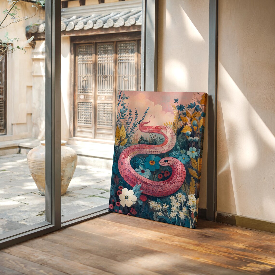 Pink Snake In Blooming Floral Garden Whimsical Botanical Poster - Image 4