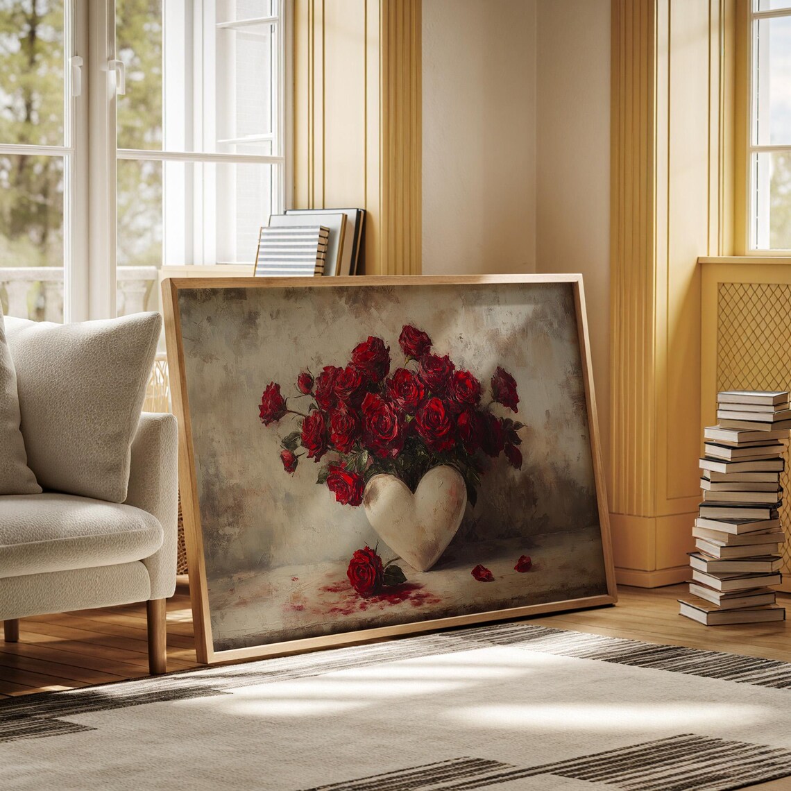 Red Roses In White Heart Vase Romantic Floral Oil Painting Poster - Image 3