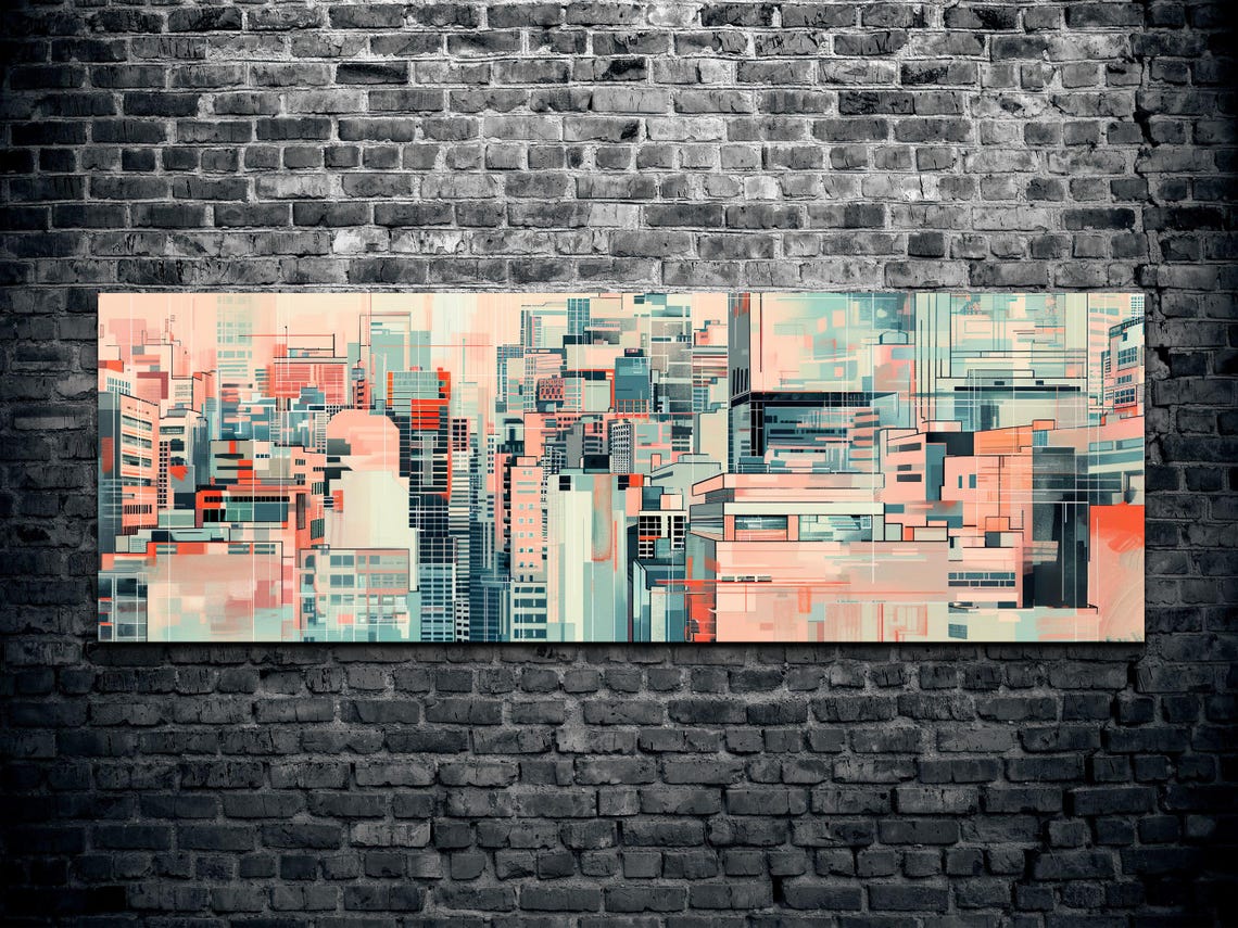Soft Pink and Mint Abstract Cityscape Geometric Urban Art Poster - Image 2