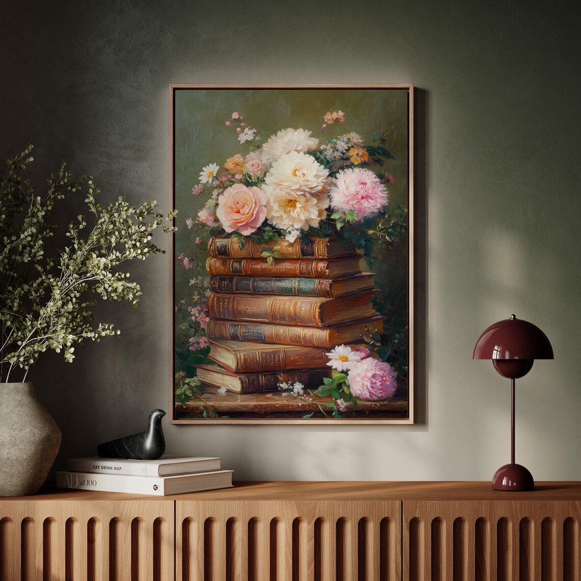 Vintage Oil Painting of Antique Books and Roses - Image 7