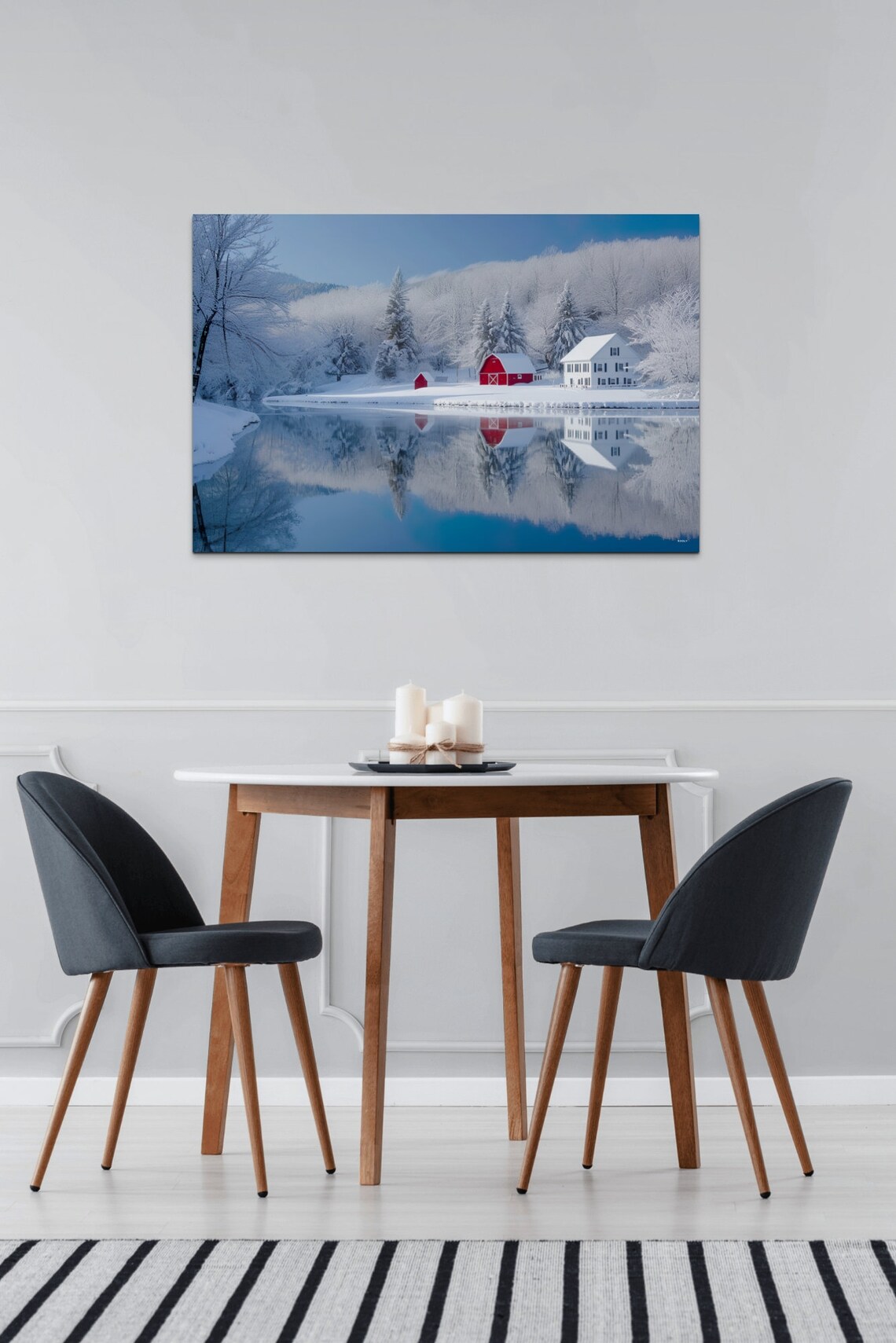 Snowy Red Barn and Farmhouse Mirror Lake Winter Scene Poster - Image 7
