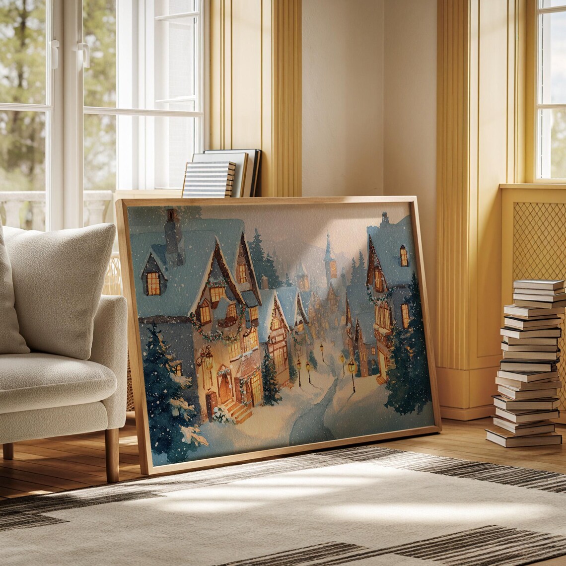 Christmas Village Art Print, Holiday Street Scene