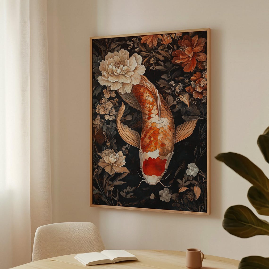 Exquisite Koi Fish Orange Peonies Dark Elegant Japanese Poster