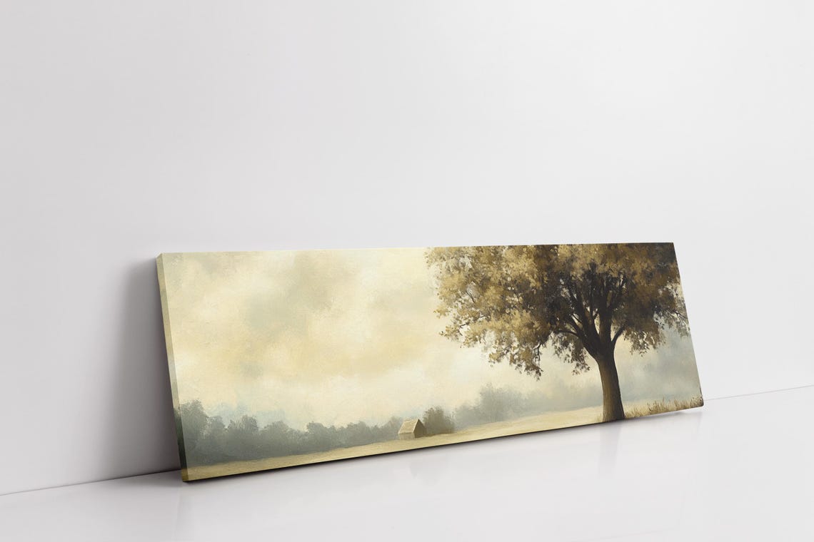Lone Tree Misty Field Distant Barn Vintage Neutral Landscape Poster - Image 3