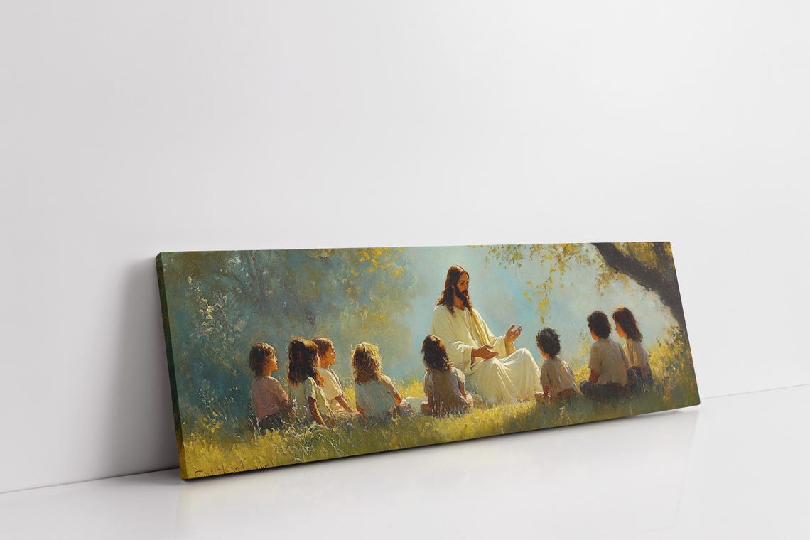 Jesus With Children Golden Meadow Panoramic Christian Poster - Image 3