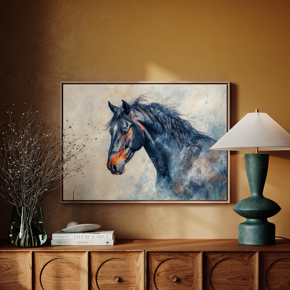 Dark Horse Portrait In Blue Watercolor Modern Equine Art Poster