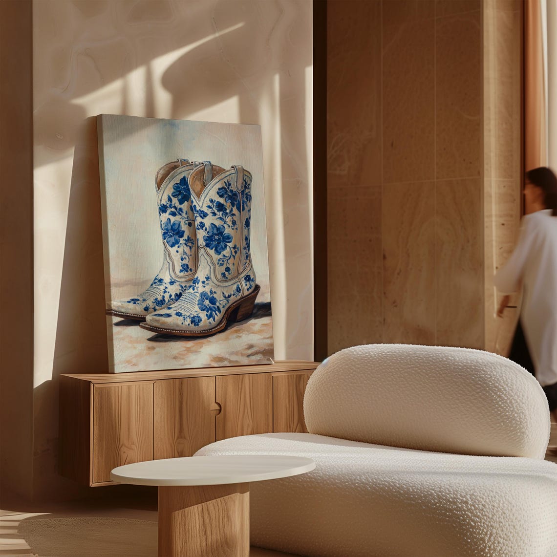 Blue And White Floral Delft Style Cowboy Boots Painting Poster - Image 3