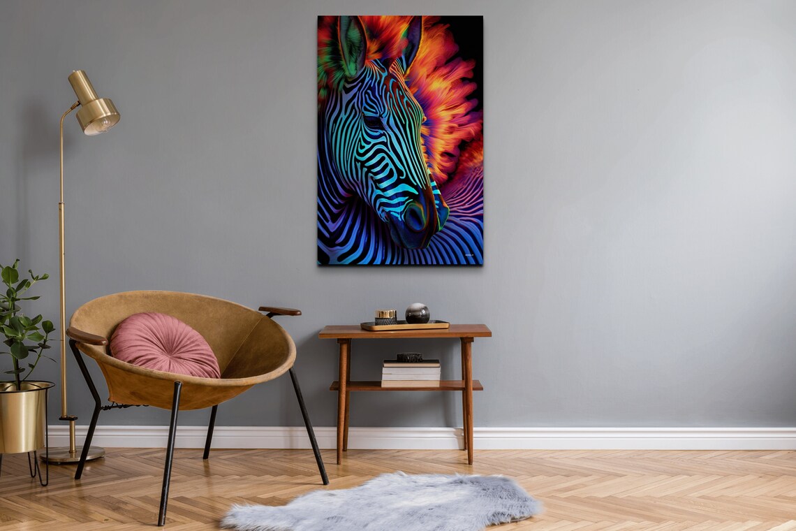 Neon Zebra Portrait Fiery Orange Mane Colorful Animal Wall Art - Image 6