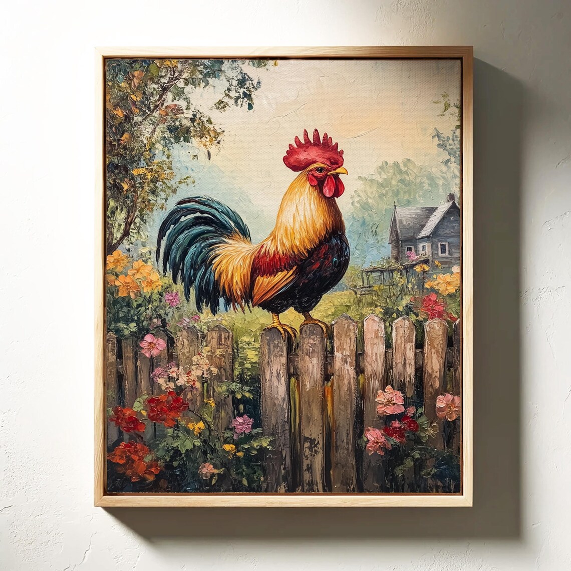 Colorful Rooster On Picket Fence Farmhouse Flower Garden Wall Art - Image 4
