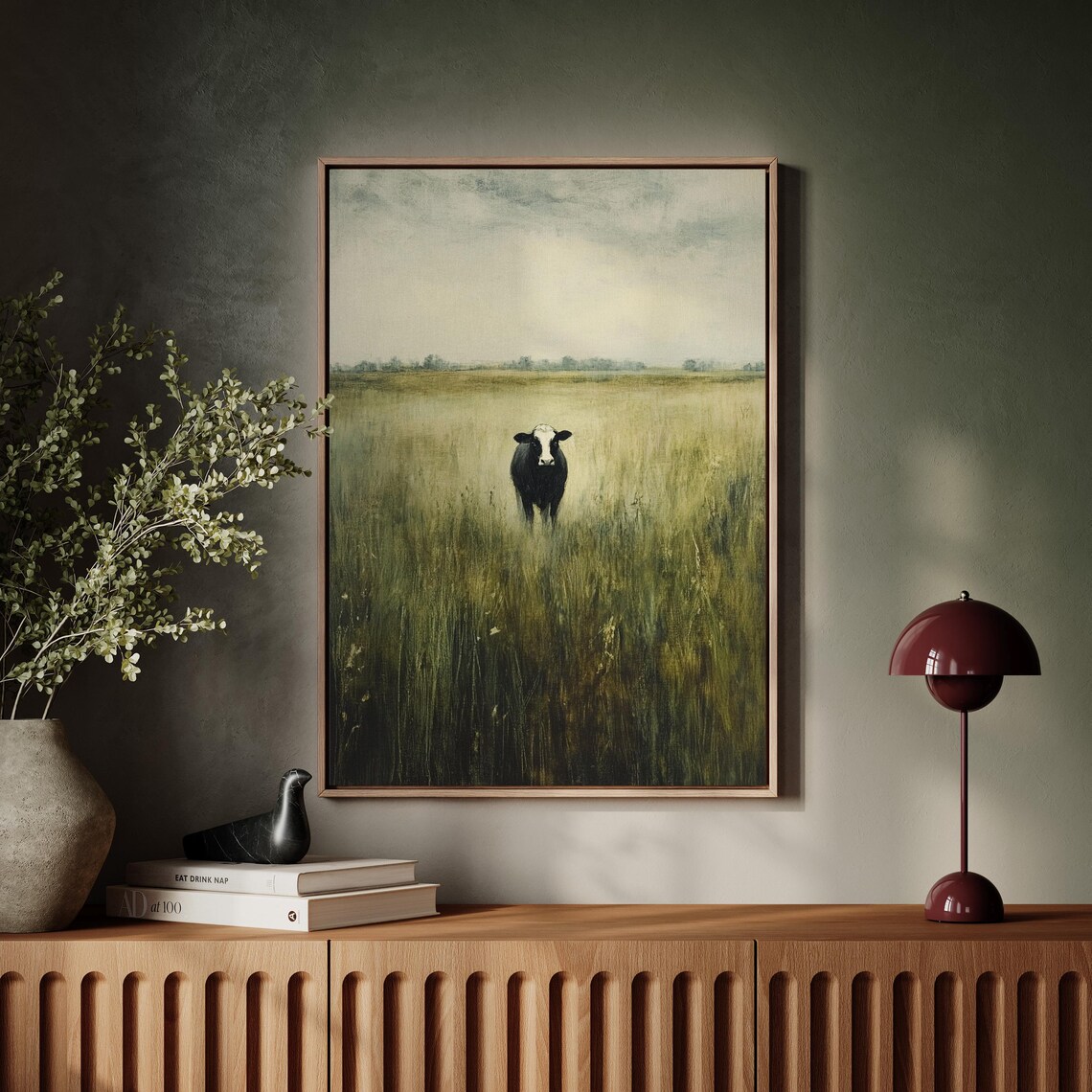 Black Cow Standing Alone in Tall Meadow Grass Moody Farmhouse Poster - Image 7