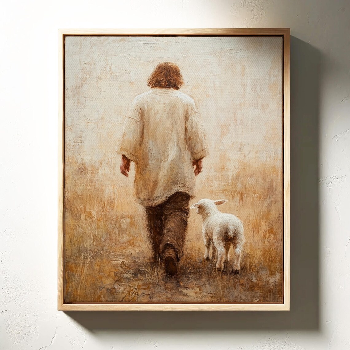 Jesus Walking Away Through a Golden Field With a Lamb Following Poster - Image 3