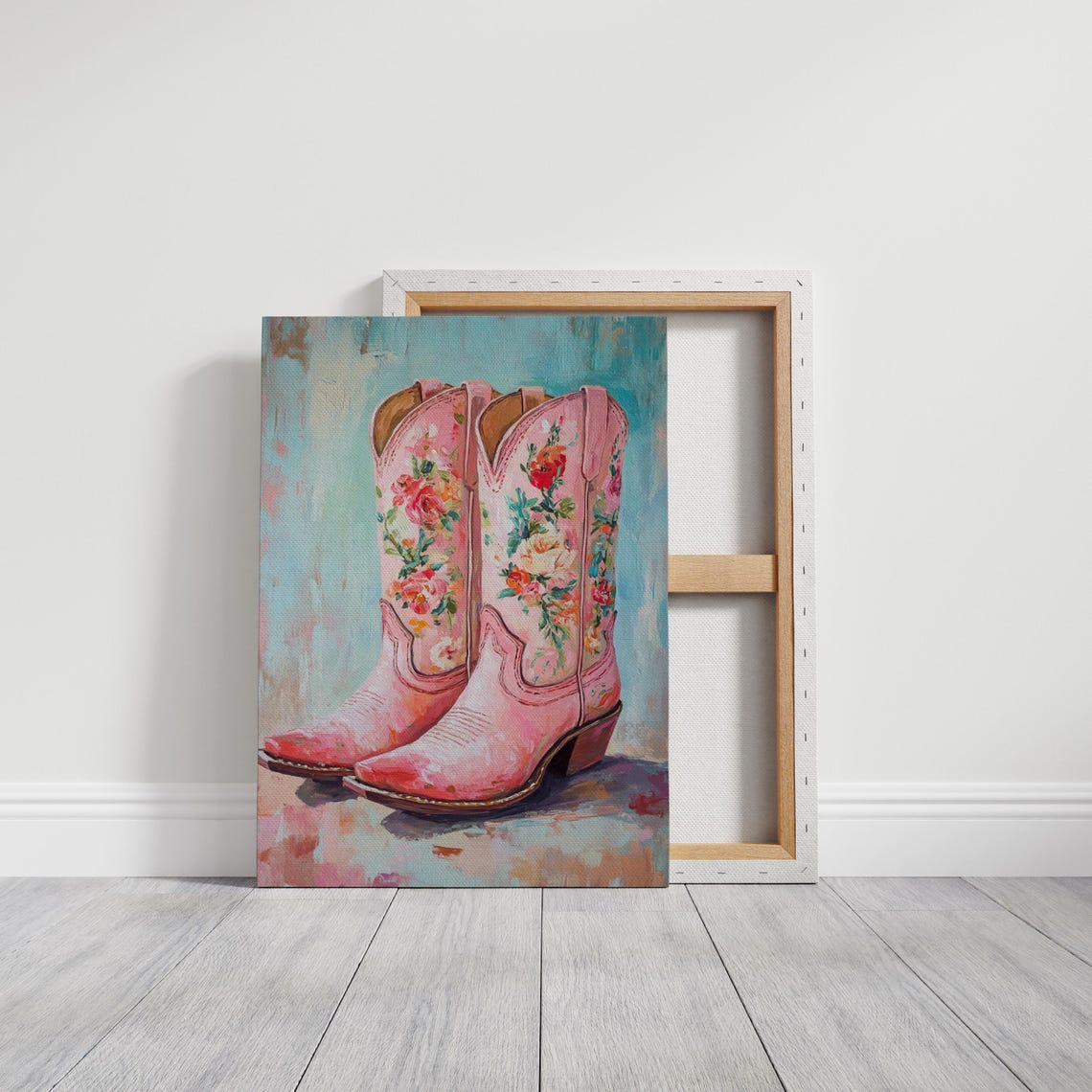 Pink Floral Cowgirl Boots on Turquoise Western Style Wall Poster - Image 5