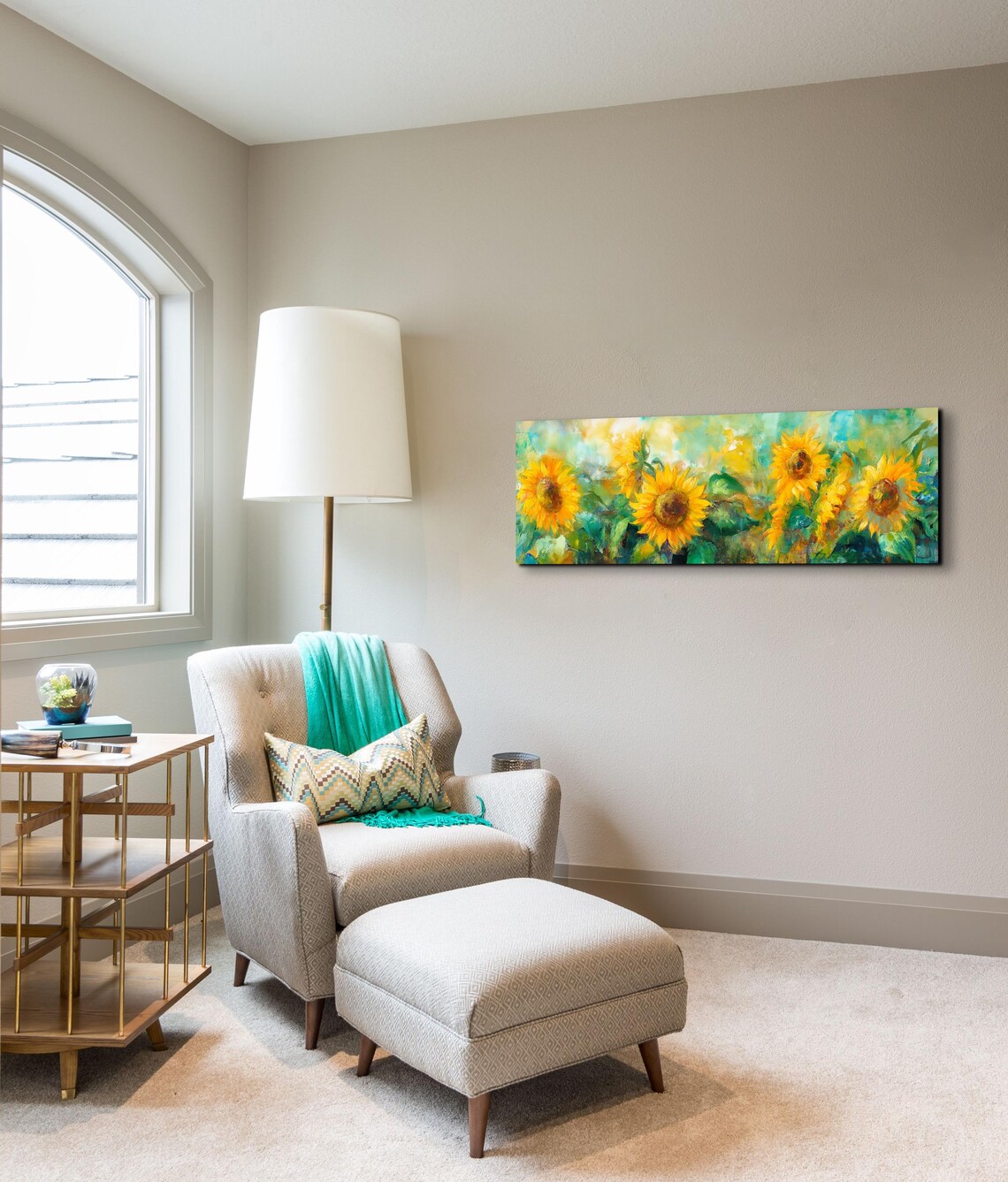 Golden Bright Sunflower Field Watercolor Blooms Panoramic Wall Art - Image 5