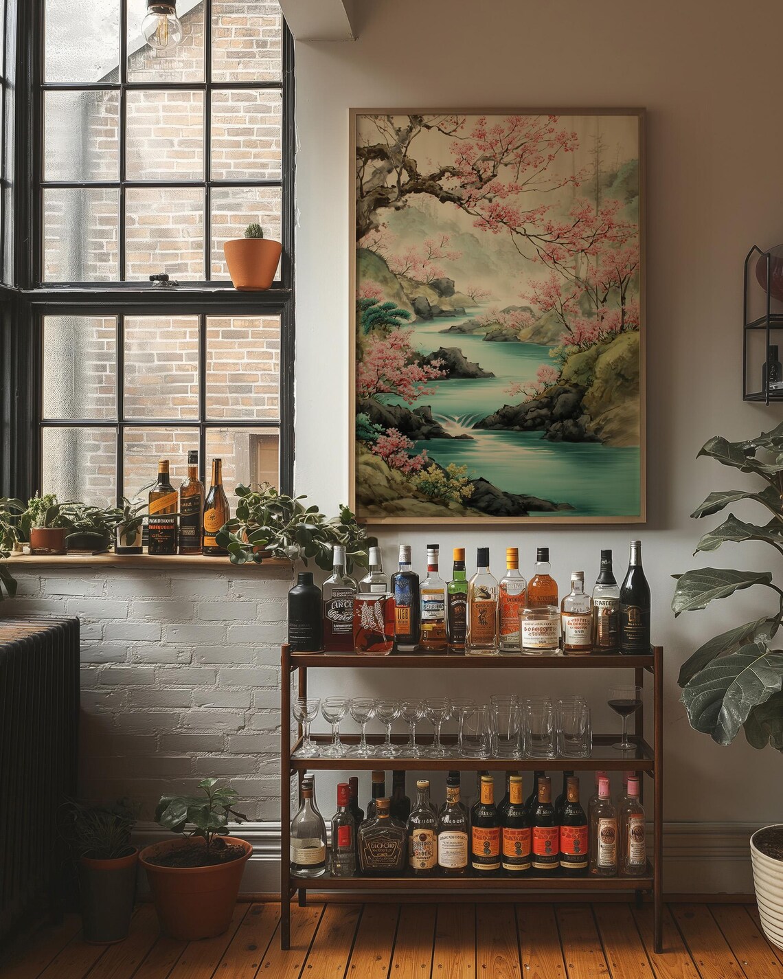 Cherry Blossom Turquoise River East Asian Spring Landscape Art Poster