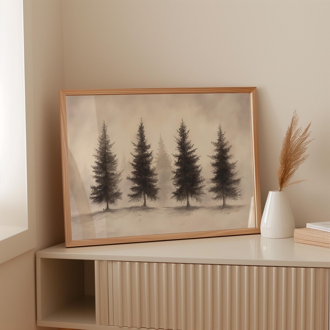 Foggy Pine Trees Winter Forest Misty Neutral Evergreen Christmas Poster