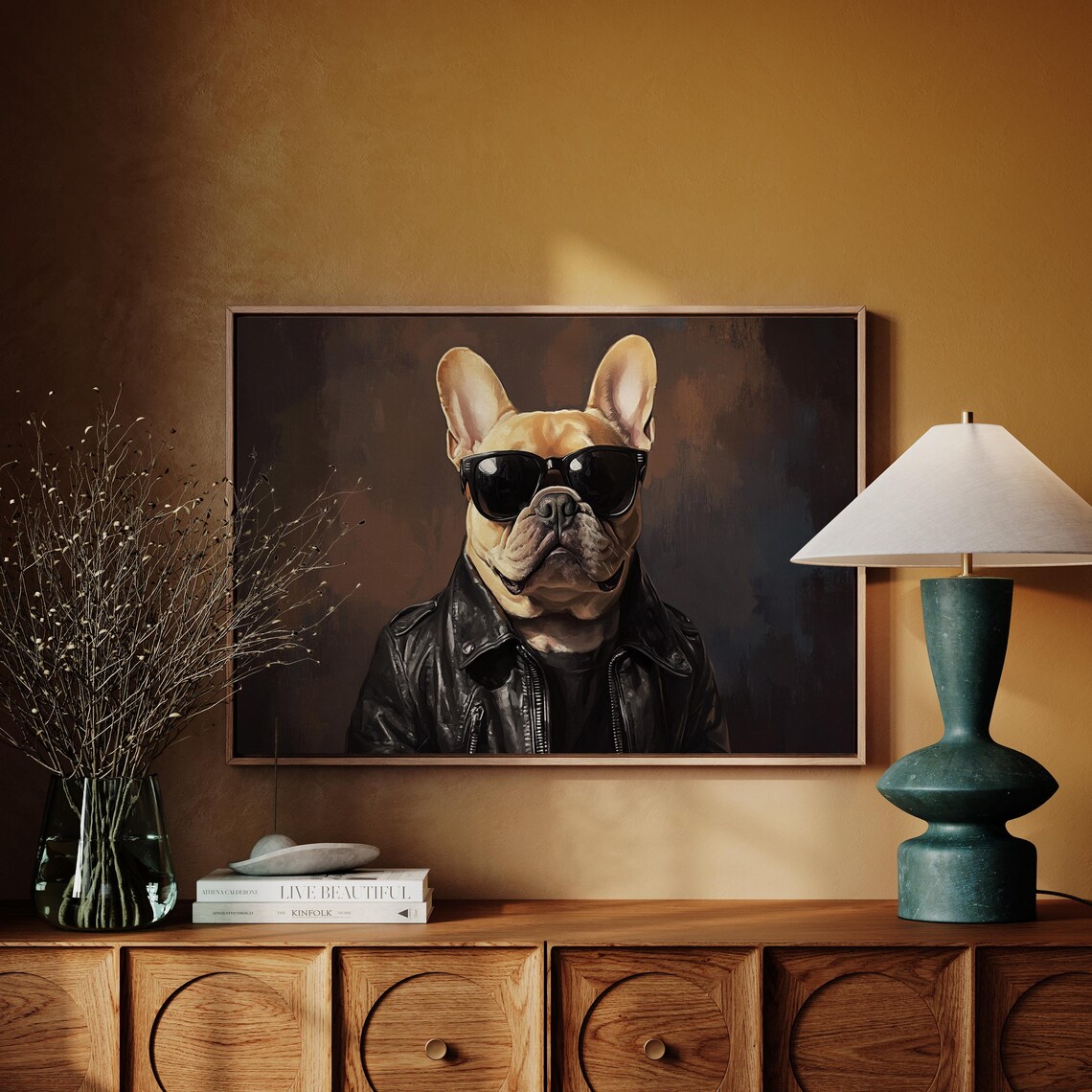 Cool Tan French Bulldog Leather Jacket Sunglasses Dog Art Print - Image 3