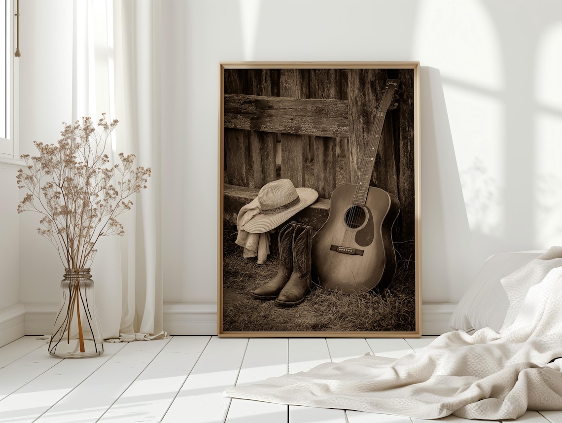 Sepia Cowboy Western Country Music Guitar Art Print