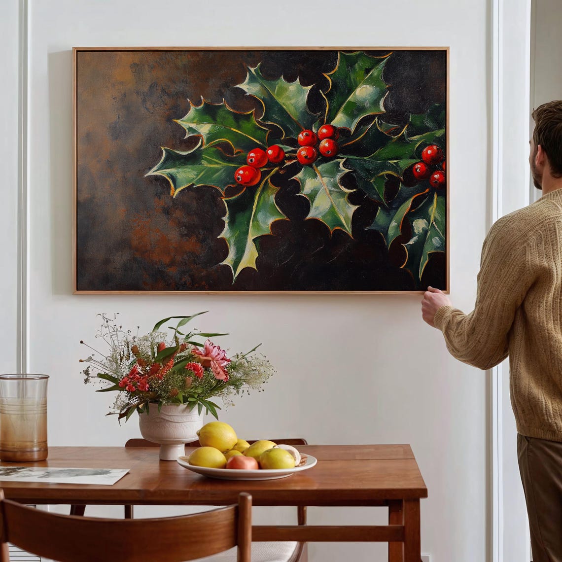 Holly Leaves And Red Berries Dark Oil Painting Christmas Wall Art - Image 3