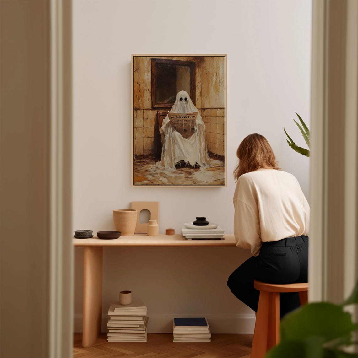 Funny Ghost Reading Newspaper In Bathroom Spooky Gothic Art Poster - Image 2