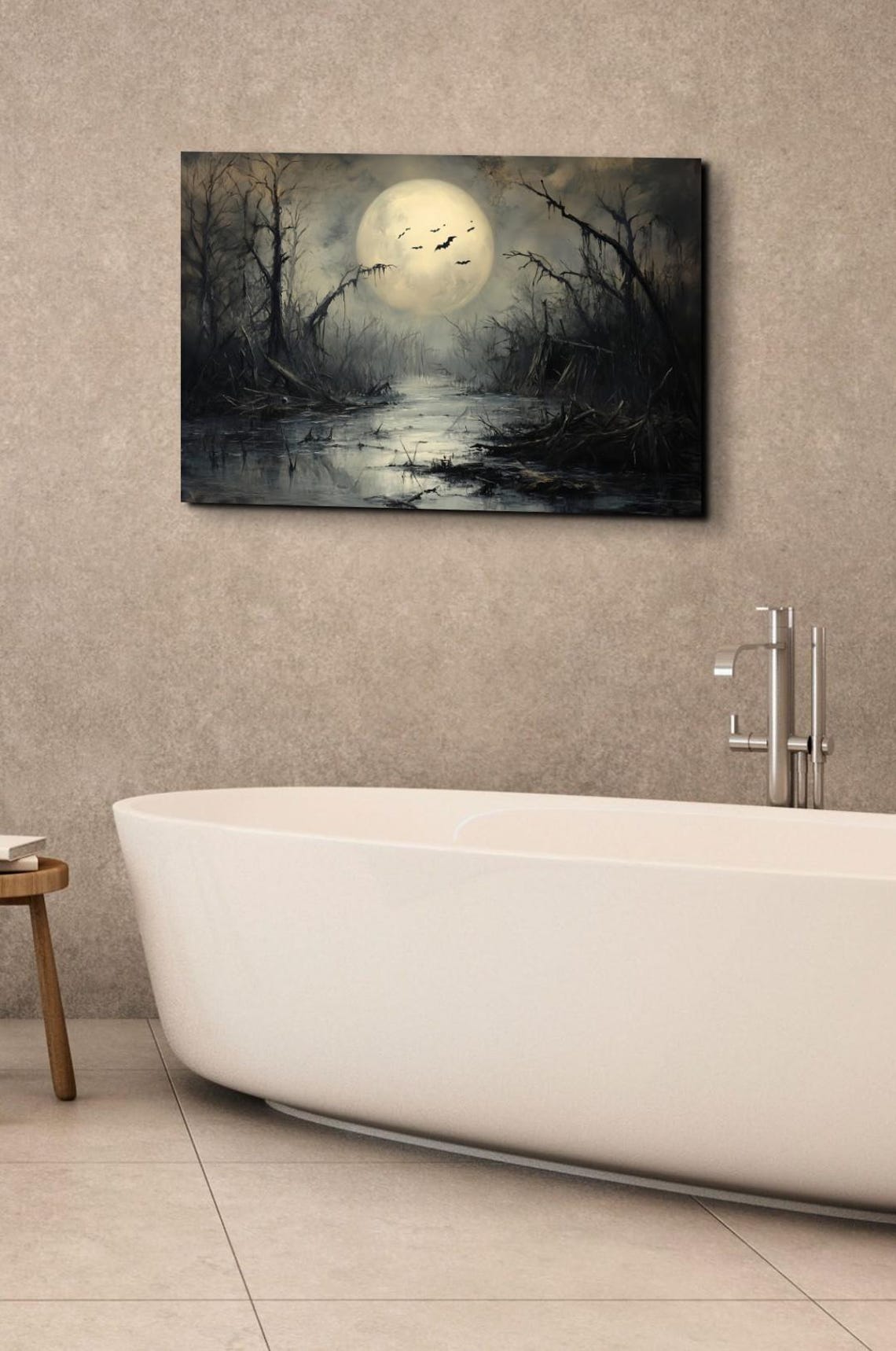 Haunted Swamp Under Full Moon With Bats Moody Halloween Poster - Image 3