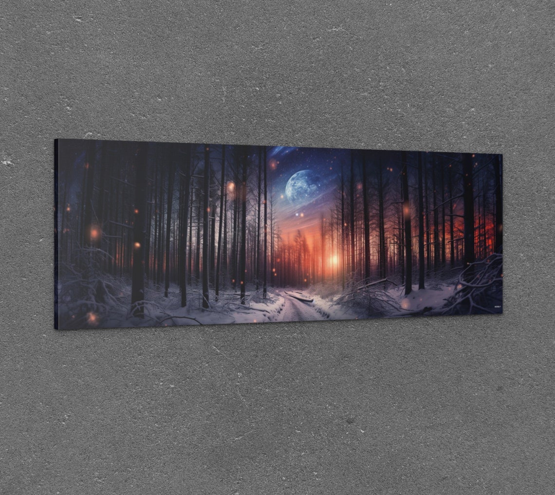 Snowy Forest Moonlight Night Winter Path Panoramic Art Poster