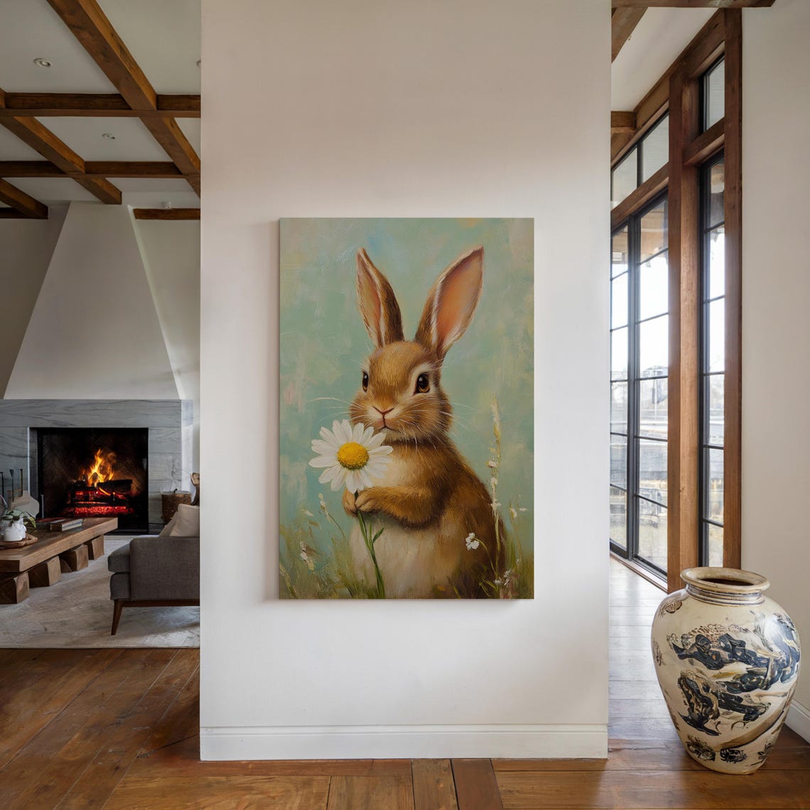 Cute Brown Bunny Holding Daisy Vintage Spring Painting Wall Art - Image 5