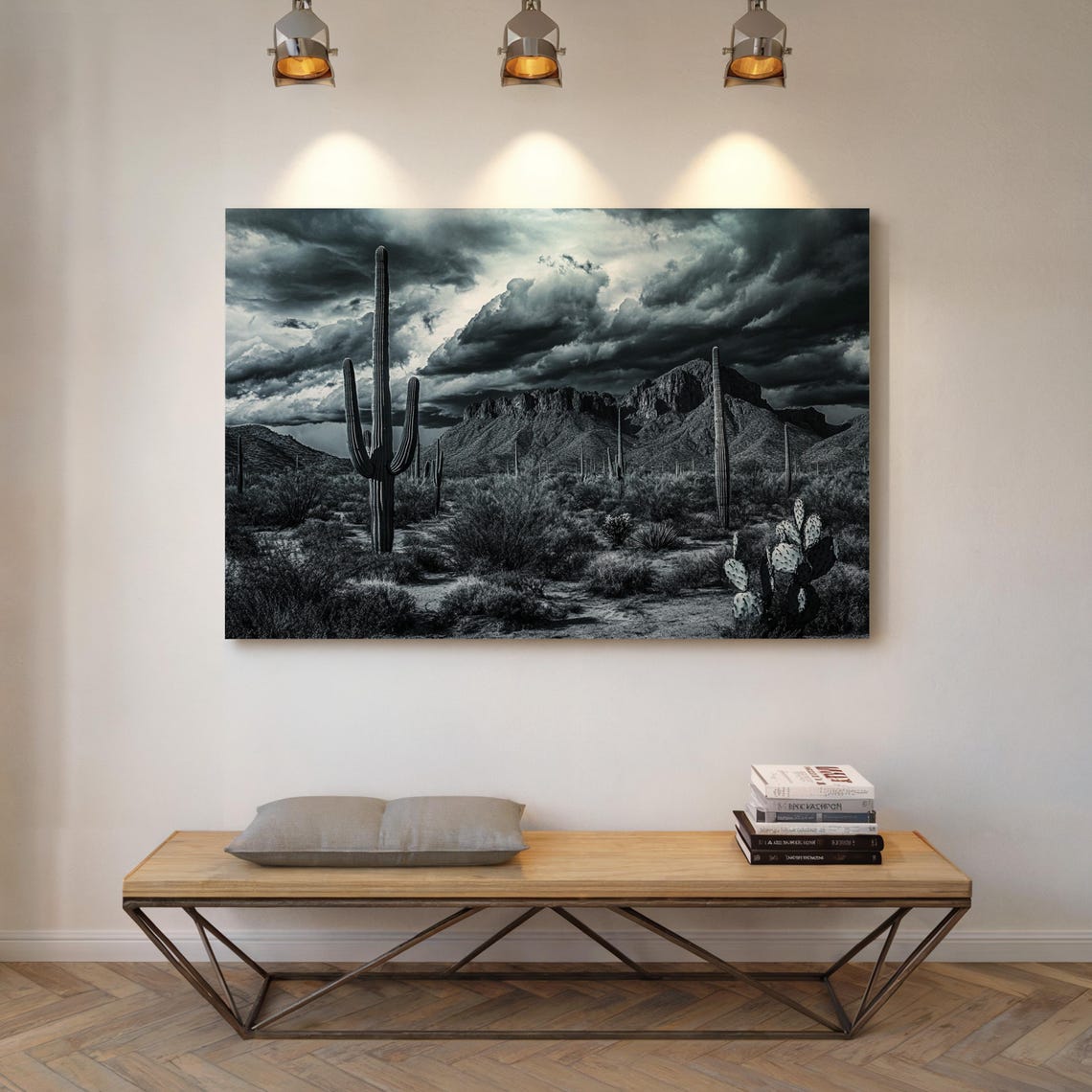 Moody Desert Wall Art Black And White Cactus Print Stormy Southwest Landscape Saguaro Cactus Mountain Scene Western Decor - Image 4