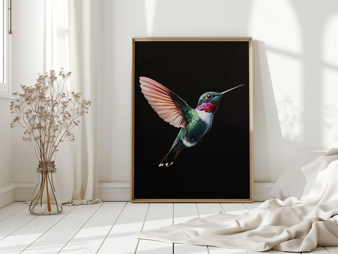 Colorful Hummingbird In Flight On Black Modern Bird Art Poster