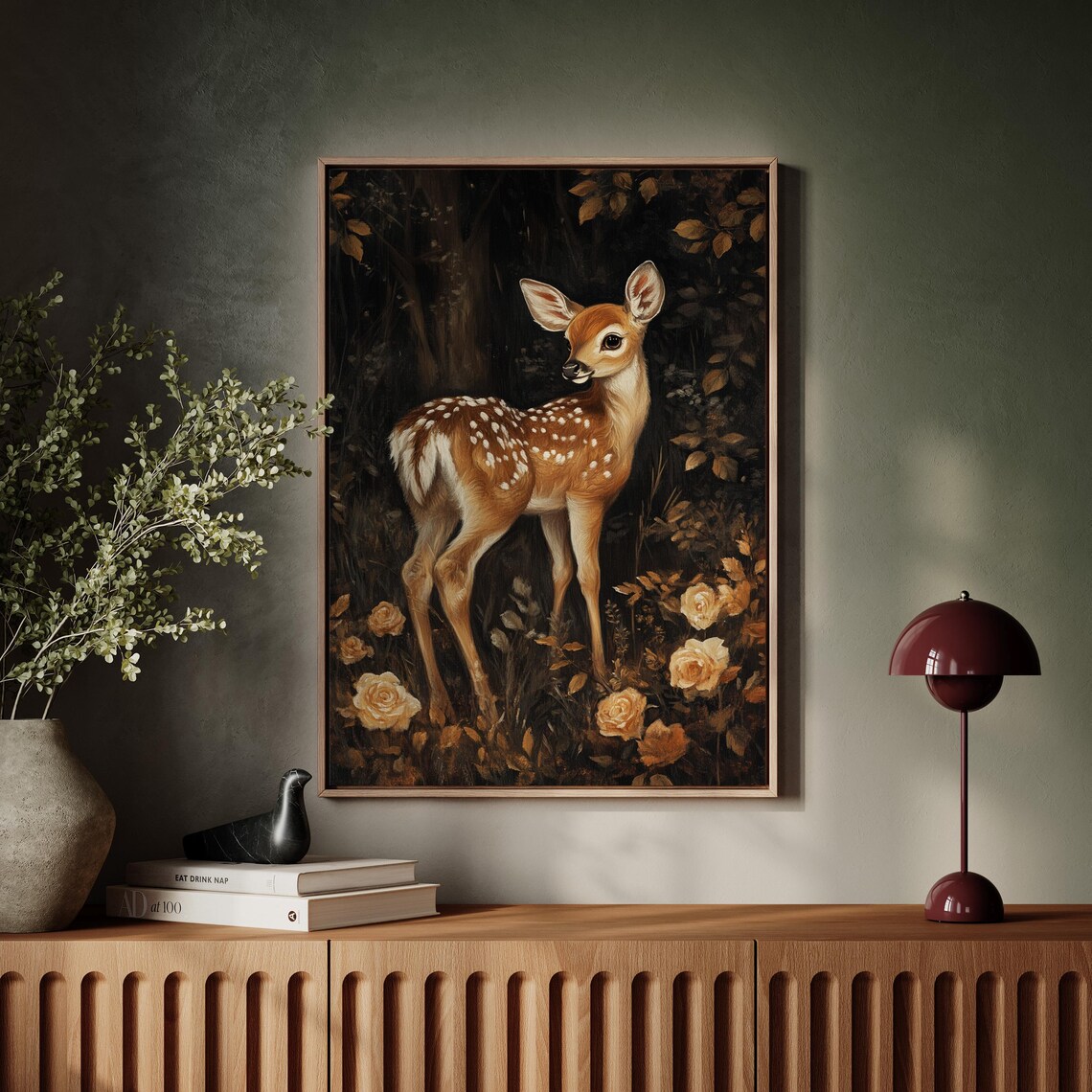 Baby Fawn In Shadowy Forest With Golden Roses Painting Poster - Image 7