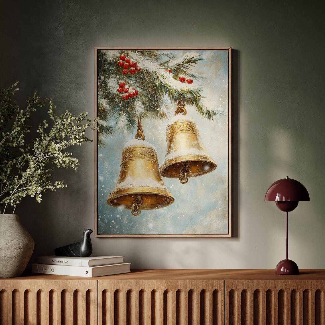 Two Golden Bells On Snowy Pine Branch Winter Holiday Season Poster