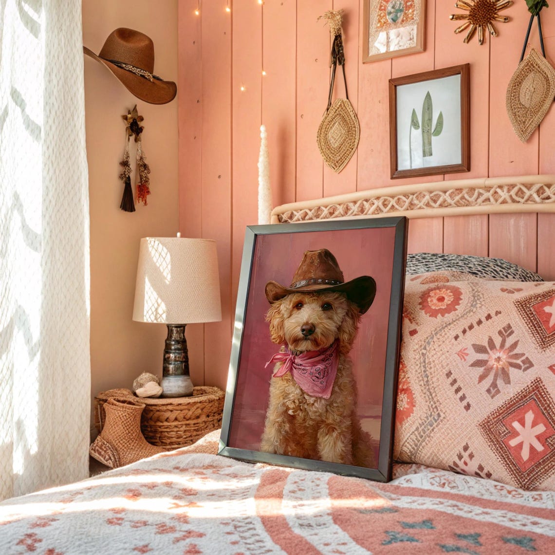 Cute Cowboy Hat Dog With Pink Bandana Western Portrait Poster