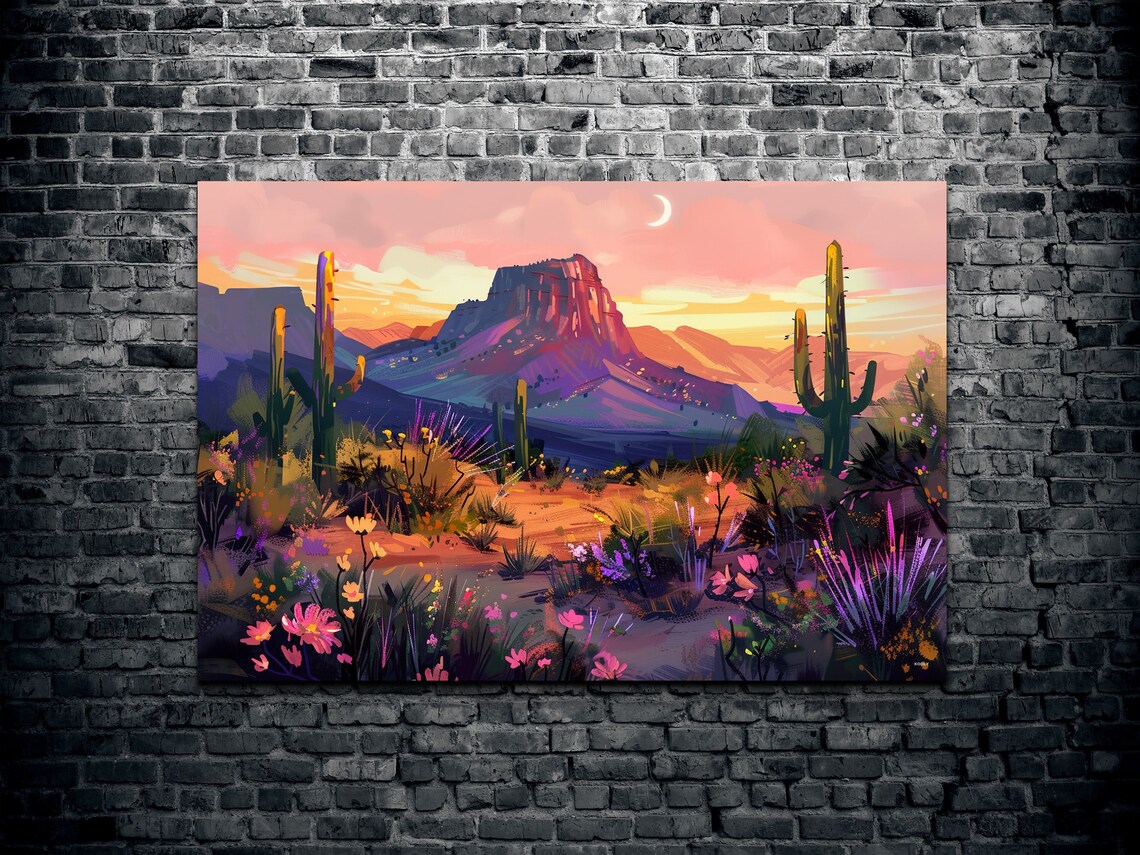 Desert Mesa at Sunset Crescent Moon Wildflower Field Art Poster - Image 2