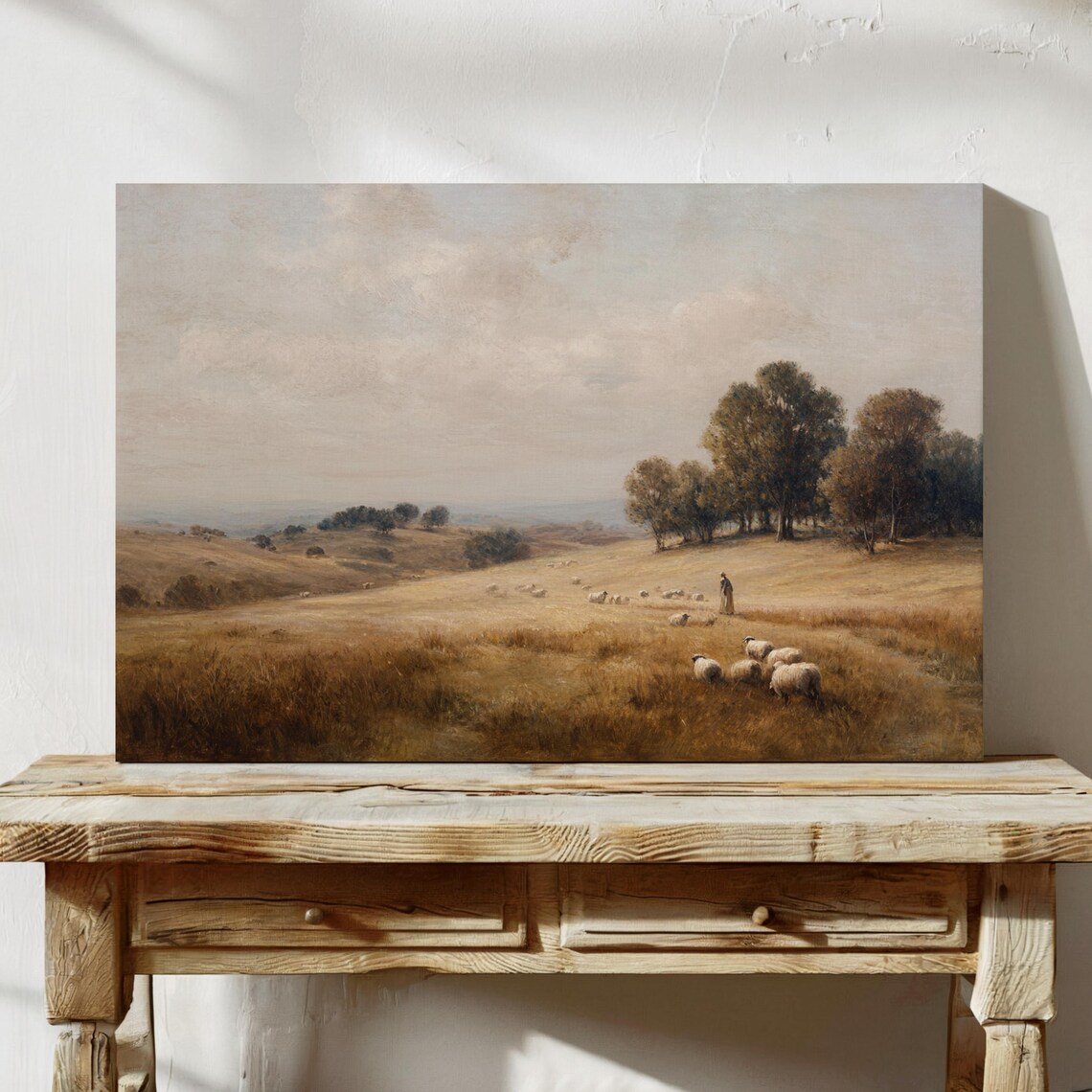 Golden Pasture Shepherd And Sheep Vintage Countryside Scene Poster